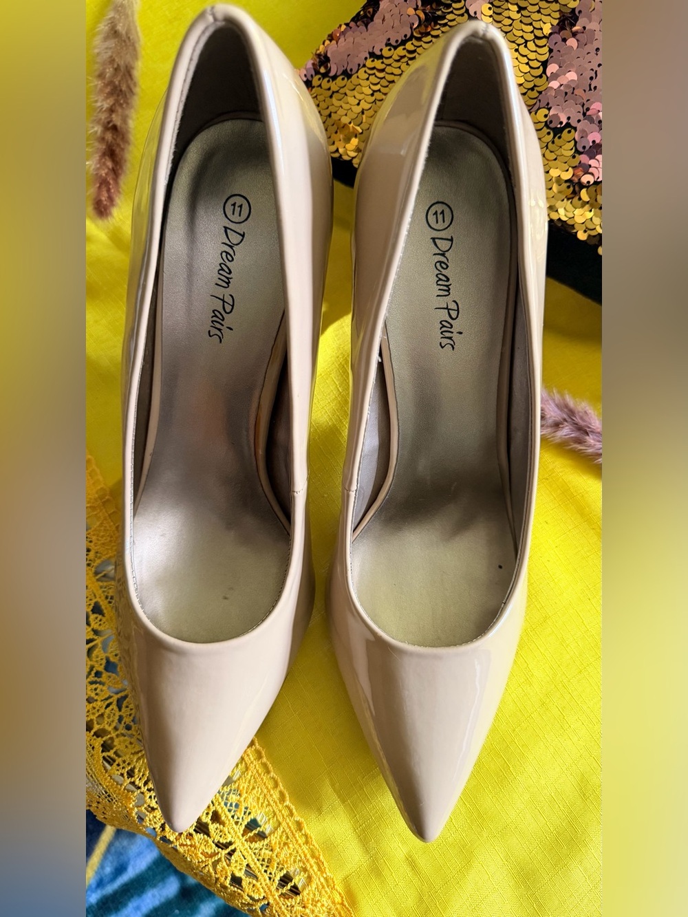 Dream Pairs Beige Patent Pointed-Toe Pumps
